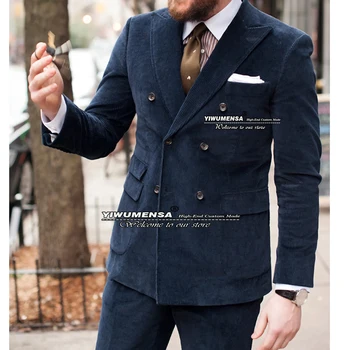 Klasik Donanma Erkek Takım Elbise Slim Fit Kadife Kruvaze Ceket Pantolon İle 2 Adet İş Smokin Custom Made Terno Masculino