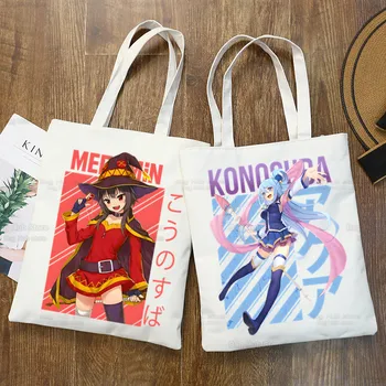 KonoSuba Megumin Kadın Kanvas Alışveriş Çantası Eko Katlanabilir Kullanımlık Kono Subarashii Kazuma Tote Çanta Kitap Anahtar alışveriş çantası