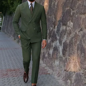 Koyu Yeşil Blazer Düğün Kostüm Takım Elbise Erkekler İçin Kruvaze Doruğa Yaka Slim Fit Resmi Parti İki Parçalı Ceket Pantolon Terno