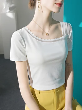 Küçük Eğik Kare Yaka kadın Kısa kollu pamuklu tişört Dantel Dikiş Yaz Yeni Siyah Üst Y2k Üstleri Kore Moda