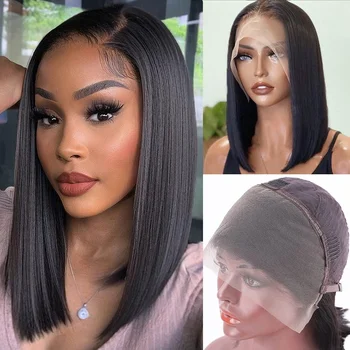 Kısa Düz dantel ön peruk insan saçı 180 % Yoğunluk Brezilyalı Bobo düz insan saçı Siyah Kadınlar için Doğal Renk Peruk