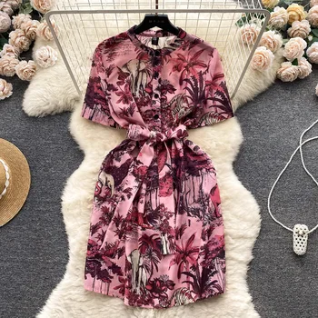 Kısa Elbiseler 2023 Kadın Giyim Vintage Çiçekli baskılı şifon elbise Yaz Kısa Kollu Yuvarlak Boyun Düğmeli Kuşaklı Mini Elbise