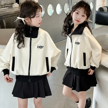 Kızların Bahar Ceket 2024 Yeni Batı Kore Fermuar Gömlek çocuk Moda Ceket Üst