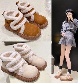 Kışlık Botlar Bayan Ayakkabıları Yuvarlak Ayak Düz Topuk Takunya Platform Çizmeler-Kadınlar 2023 Zarif Lolita Med Kauçuk Ayak Bileği Pamuklu Kumaş Kısa