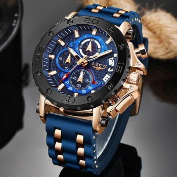 LIGE Üst Marka Lüks Erkek kol saati su geçirmez ışık tarih Erkekler Saatler Mavi silikon bant kuvars erkek saati Erkek reloj