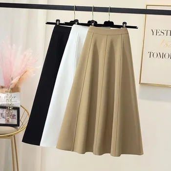Lucyever Kadınlar Geri Elastik Bel Orta Buzağı Etekler Düz Renk Rahat Diz Boyu A-Line Etek Kore Yaz Uzun Etek Kadın