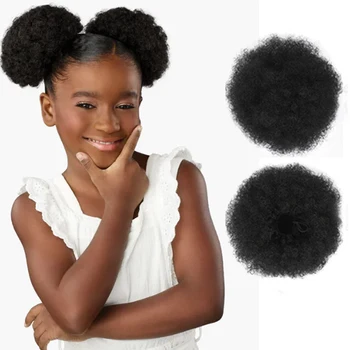 Lulalatoo Çocuklar Sentetik Saç Afro Puf İpli At Kuyruğu Kızlar için Siyah Kadın 6 inç Kinky Kıvırcık Saç Updo Chignon