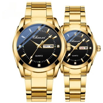 Lüks severlerin çift saatleri Altın Paslanmaz Çelik Kayış Su Geçirmez Altın Kadın Erkek Kol Saatleri Iş Rahat hediyelik saat