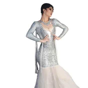 Lüks Uzun Kollu Kristal Püskül Mermaid Düğün Parti Elbise Bayanlar Seksi Bodycon Rhinestones gece elbisesi Kadın balo kıyafetleri