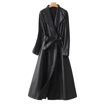 M - 5XL Siyah Gerçek Deri Uzun Siper Kadınlar için Moda turn-aşağı Yaka Kemer Bayanlar Sonbahar Kış Koyun Derisi Mont Elbise 2023