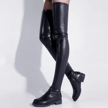 Marka Yeni Tırtıklı Platformu Kolay Yürüyüş Streç Lug-Sole Diz Çizmeler Üzerinde Kadın Siyah Beyaz Ayakkabı Moda Eğlence Serin Boyutu 47