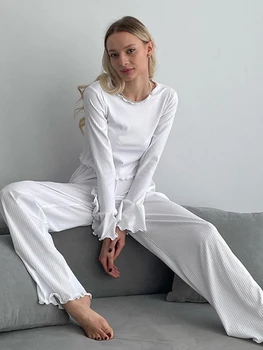 Marthaqiqi Rahat Bayanlar Kıyafeti Takım Elbise O-Boyun Pijama Uzun Kollu Gecelikler Kırpma Üst Nightie Pantolon Ince Kadın Pijama Seti