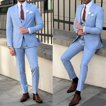 Mavi erkek Takım Elbise 3 Adet Blazer Yelek Pantolon Bir Düğme Doruğa Yaka Smokin Slim Fit İş Modern Düğün Damat Kostüm Homme