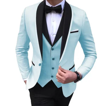 Mavi Yarık Erkek Takım Elbise 3 Parça Siyah Şal Yaka Casual Smokin Düğün Groomsmen Takım Elbise Erkekler 2024 (blazer+yelek+pantolon) smokin