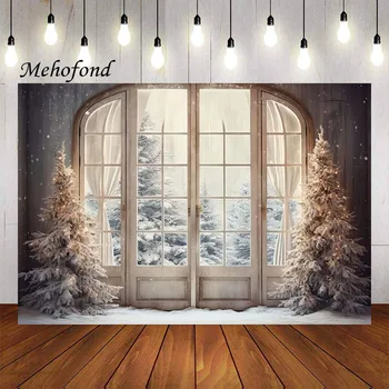Mehofond Fotoğraf Arka Plan Noel Kış Kar Pencere Orman Noel Ağacı Çocuklar Aile Portre Dekor fotoğraf arka fonu Stüdyosu