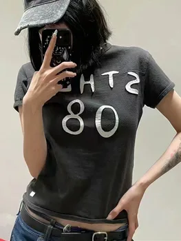 Mektup Baskı Kadın siyah tişört Yaz Yeni 2024 Basit O-boyun Rahat Yama Pamuk Tee ve Üstleri Kadın