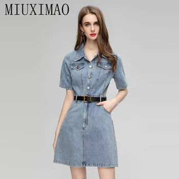 MIUXIMAO 2023 Zarif ve Güzel kadın elbiseleri Moda Kısa Kollu Retro Denim Elbise Kadın kadın elbisesi Kemer