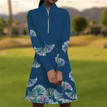Moda Baskı Sonbahar Golf kadın Rahat Uzun Kollu Elbise Spor Rahat Uzun Kollu Elbise Açık Spor Kısa Elbise