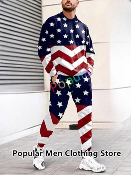 Moda erkek eşofman Amerikan Bayrağı 3D Baskılı Uzun Kollu T Gömlek + Pantolon Seti koşu kıyafetleri 2 Parça Kıyafet Büyük Boy Elbise