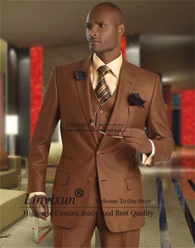 Moda Kahverengi Erkek Takım Elbise Çentik Yaka Düğün Damat Smokin Groomsmen Balo Blazer 3 Parça Set Kostüm Homme (Ceket + Pantolon + Yelek)