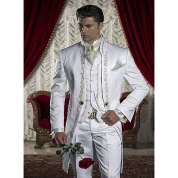 Moda Nakış Erkek Takım Elbise Slim Fit Lüks Tepe Yaka Saten Takım Elbise 3 Parça Damat Düğün Balo Sahne Smokin (Blazer + Pantolon + Yelek)
