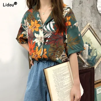 Moda Rahat Baskı kadın Giyim V Yaka Düğmesi Düz Bluzlar Tops Yaz İnce Gevşek Kısa Kollu Çiçek Vintage