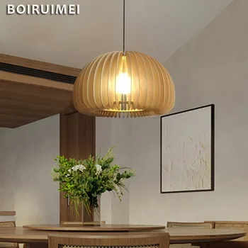 Modern ahşap kolye ışıkları katı ahşap kabak Başucu Kolye lambaları Nordic E27 ampul ahşap LED restoran Bambu Avize