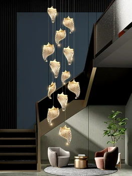Modern lüks kristal merdiven avize aydınlatma İskandinav dubleks bina Villa Loft altın yaprak kalıplama kristal asılı ışık