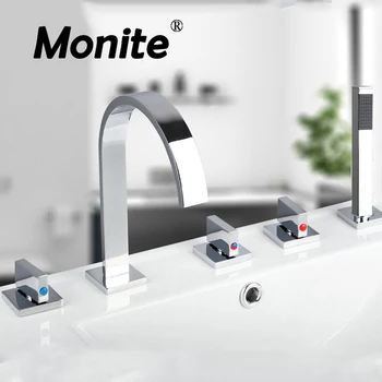 Monite Krom Pirinç banyo muslukları Şelale 5 Adet Su Mikser Musluklar Krom Küvet Bataryası Seti 34AA3 Katı Pirinç Duş Musluk