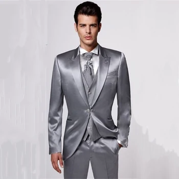 Muhteşem Gri Tepe Dantel Takım Elbise Erkek Resmi Iş Blazer Parti Düğün Damat Smokin Slim Fit 3 Parça Ceket Pantolon Kostüm Homme
