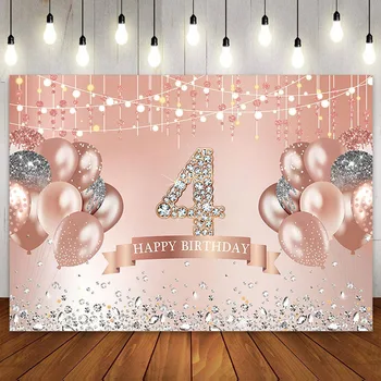 Mutlu 4th Doğum Günü Zemin Kızlar için Dört Yaşında Pembe Gül Altın 4 Doğum Günü Partisi Dekorasyon Kek Afiş Fotoğraf Arka Plan