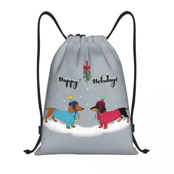Mutlu Tatiller Noel Dachshund Sevgiliydik büzgülü sırt çantası Spor spor çanta Erkekler için Sevimli Köpek Hayvan Alışveriş Sırt Çantası