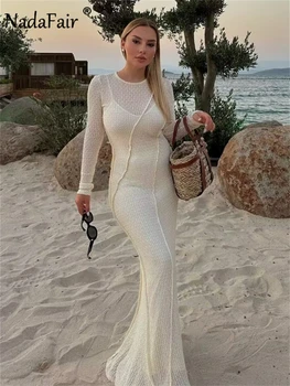 Nadafair Kadınlar uzun elbise Bahar 2024 Plaj Zarif Uzun Kollu Maxi Elbiseler O Boyun Y2K Meslek İnce Backless Seksi