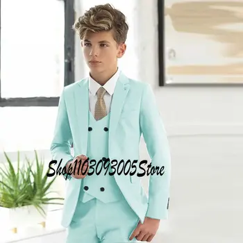 Nane Yeşil Rahat Erkek Takım Elbise 3 Parça Set Resmi Düğün Smokin Moda Çocuklar için Çentikli Yaka Blazer Çocuk