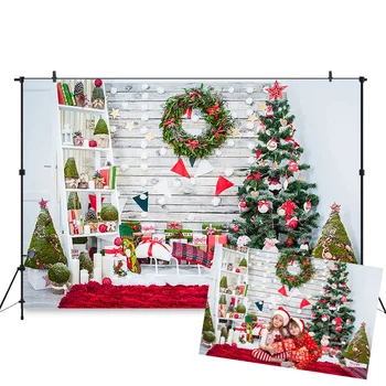 Noel Arka Plan Fotoğrafçılık İçin Ağaçlar Ahşap Duvar Sahne Çelenk Zemin fotoğraf kabini Aile Partisi hediyeler Arka Plan