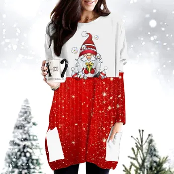 Noel Baskı Gömlek Elbise Kadın Çirkin Yeni Yıl Kar Sartoon Uzun Kollu Kazak Tops Grafik Kazak Noel Boy Tshirt