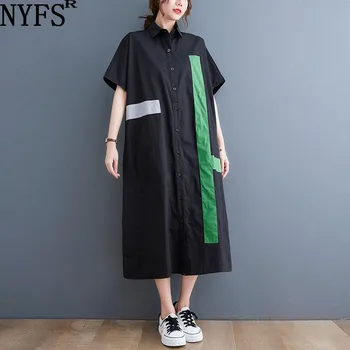 NYFS 2023 Yaz Yeni Gevşek Artı Boyutu Kadın Elbise Vestidos Robe Elbise Mizaç Baskı Pamuklu Gömlek Elbiseler