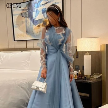OEING Zarif Gök Mavisi Akşam Balo elbisesi Uzun Kollu Tül Ceket İle Lüks Gala Elbise A-Line Saten Ayak Bileği Uzunluğu 2023
