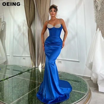 OEİNG Kraliyet Mavi Boncuk Spagetti Askı Mermaid Abiye Zarif Kat Uzunluk Saten Balo Elbise Özel Durum elbise