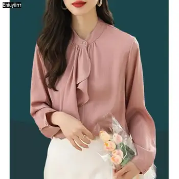 Ofis Bayan Gömlek 2023 Sonbahar Sonbahar Temel Giyim İş Kadın Fransız Tasarım Katı Uzun Kollu Düğme Gömlek Sevimli Bluzlar Tops