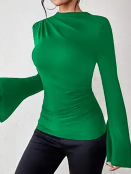 Onecozyday kadın Sıska Uzun Alevlendi Kollu Kazak 2023 Sonbahar Yeni Düz Renk Yuvarlak Boyun T-shirt Kentsel Kadın