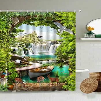 Orman Şelale Dere Manzara Duş Perdesi Bahar Yeşil Bitki Çiçek Geyik Banyo Aksesuarları Su Geçirmez Asılı Ekran