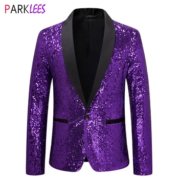 Parlak Mor Pullu Glitter Süslenmiş Smokin Takım Elbise Ceket Erkekler Bir Düğme Şal Yaka Gece Kulübü Sahne Düğün Kostüm Homme