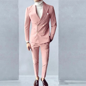 Pembe Moda Güneş Erkek Takım Elbise Kruvaze 2 Adet (Ceket + Pantolon) doruğa Yaka Slim Fit Takım Elbise Düğün Parti Smokin