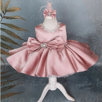 Pembe Çiçek Kız Elbise Güzel Kabarık Leke Aplike Kolsuz Sparkle Bow Çocuk Doğum Günü Communion Mevcut Balo Parti Elbise