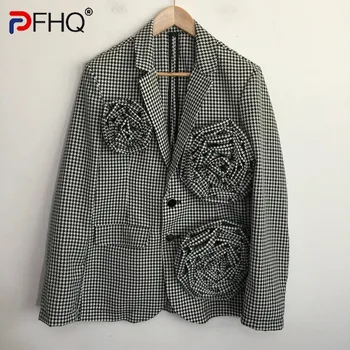 PFHQ Üç Boyutlu Pilili Tasarımcı erkek Blazers Çiçekler Gelgit Yüksek kaliteli Ekose Takım Elbise Ceket Şık Kişilik Ceketler 21Z1399