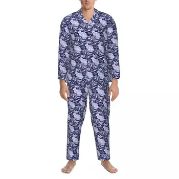 Pijama Erkek Sevimli Tavşan Odası Pijama Kuş Çiçek Baskı 2 Adet Rahat Gevşek Pijama Setleri Uzun Kollu Yumuşak Büyük Boy Ev Takım Elbise