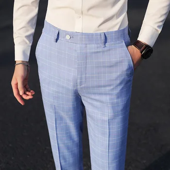 Plyesxale Gökyüzü Mavi Ekose Pantolon Erkekler Için Tasarımcı Slim Fit Düz Takım Elbise Pantolon Büyük Boy Iş Elbise Pantolon Marka Giyim P27