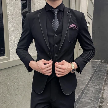 Plyesxale Slim Fit Siyah Düğün Takımları Erkekler Için Üç Parçalı Erkek Tasarımcı Takım Elbise Moda Rahat Balo Parti Yemeği Takım Elbise Adam Q549