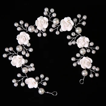 Polimer Kil Gül Şapkalar El Yapımı İnci Çiçek Kafa Bandı saç Aksesuarı Headpieces Düğün Gelin Dekorasyon için (Beyaz)